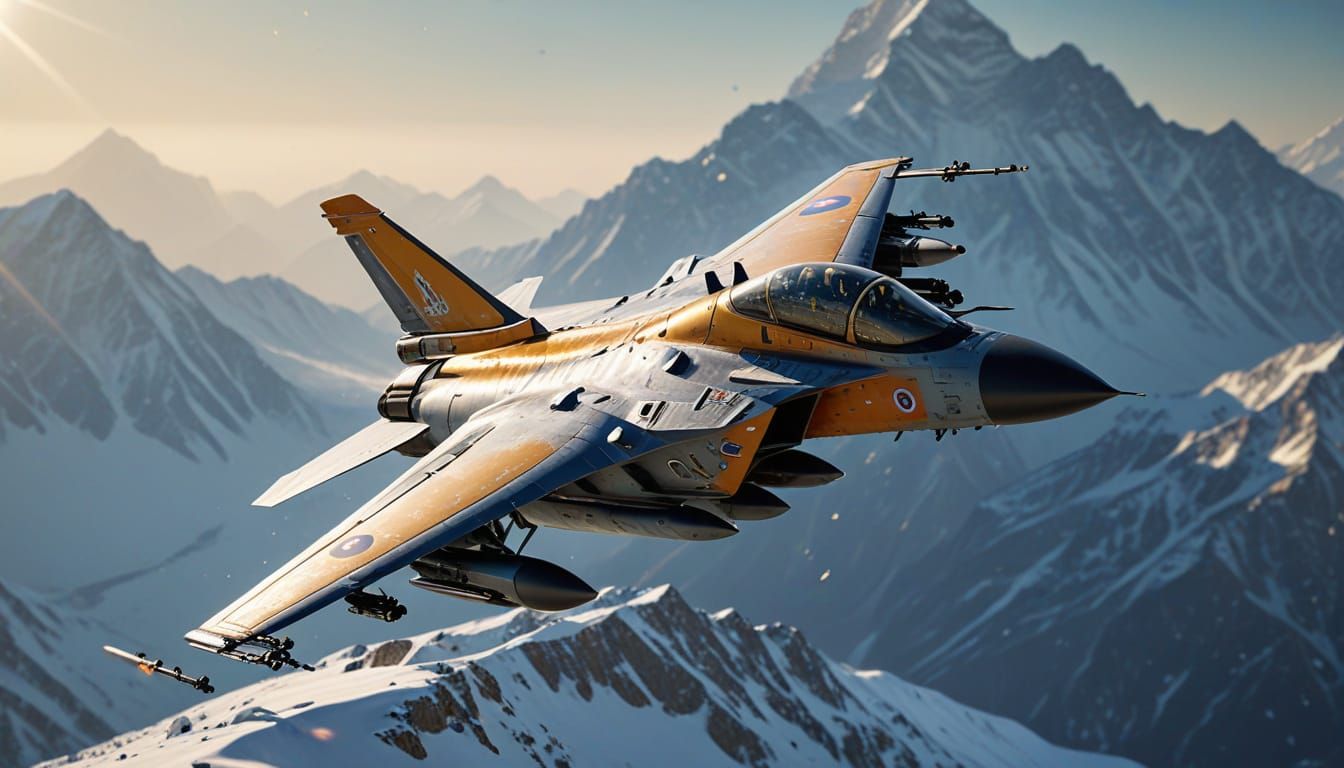Indian Tejas Jet Patrols Himalayas in Hyperrealistic Style