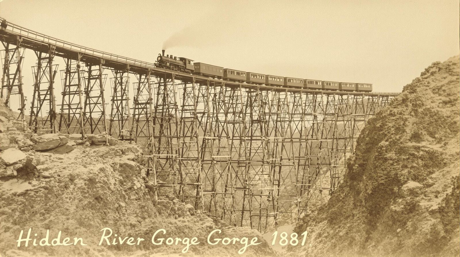 Old Western Locomotive on Mountain Trestle, Sepia Tone