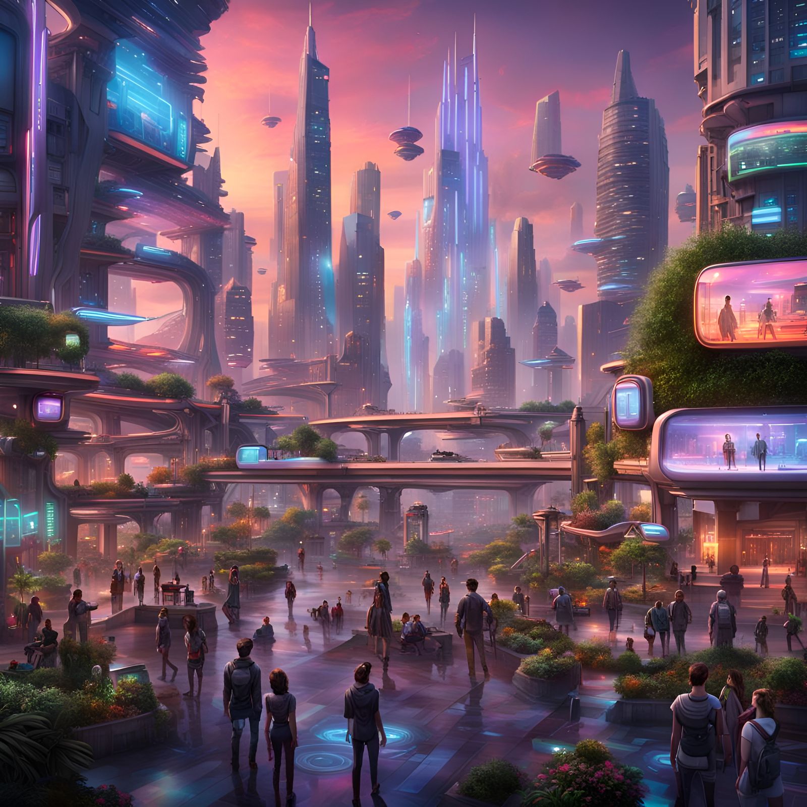 Cyberpunk Cityscape at Dusk with Androids and Neon