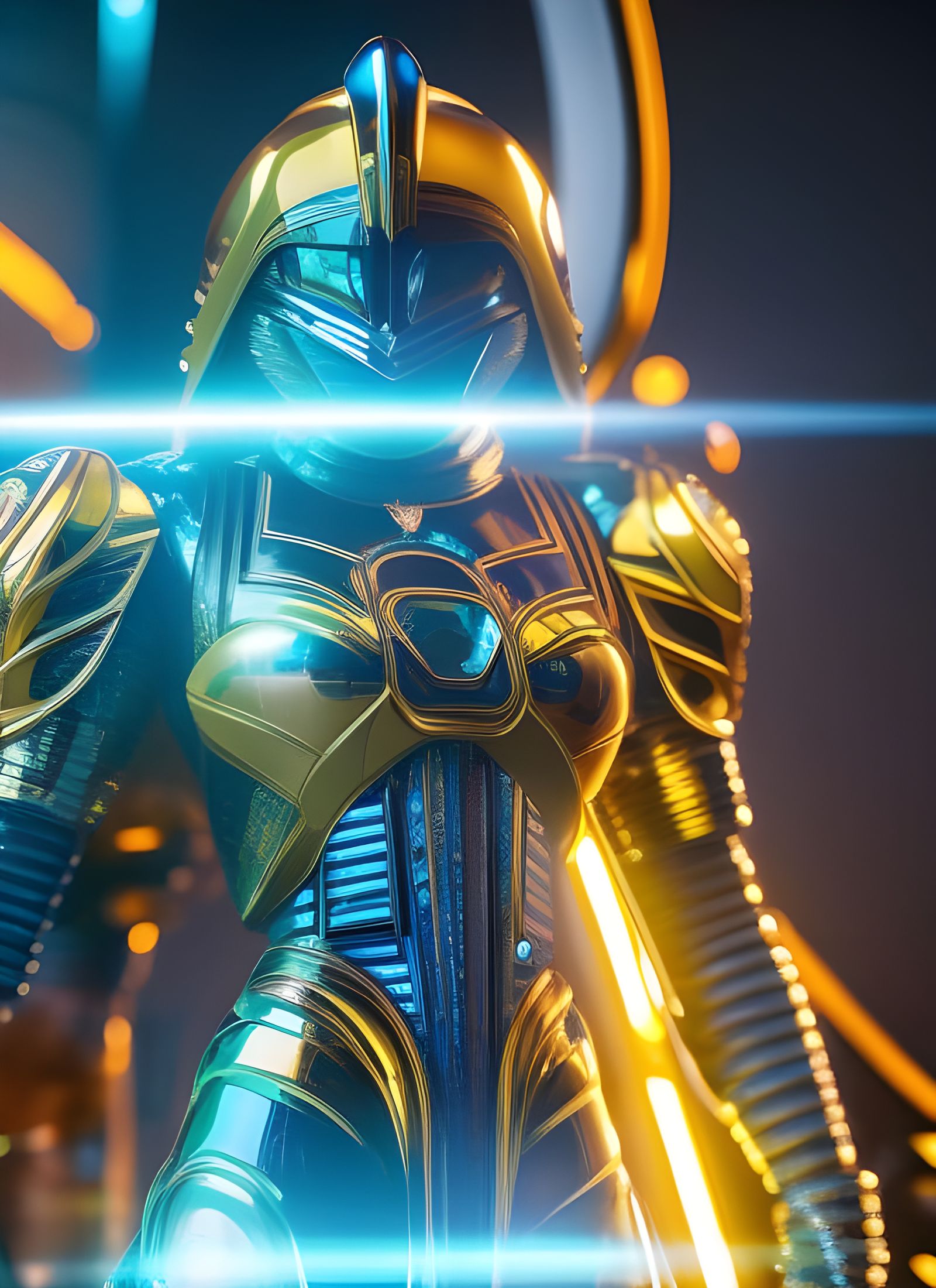 Blue Alien in Futuristic Mirror Room, Digital Art