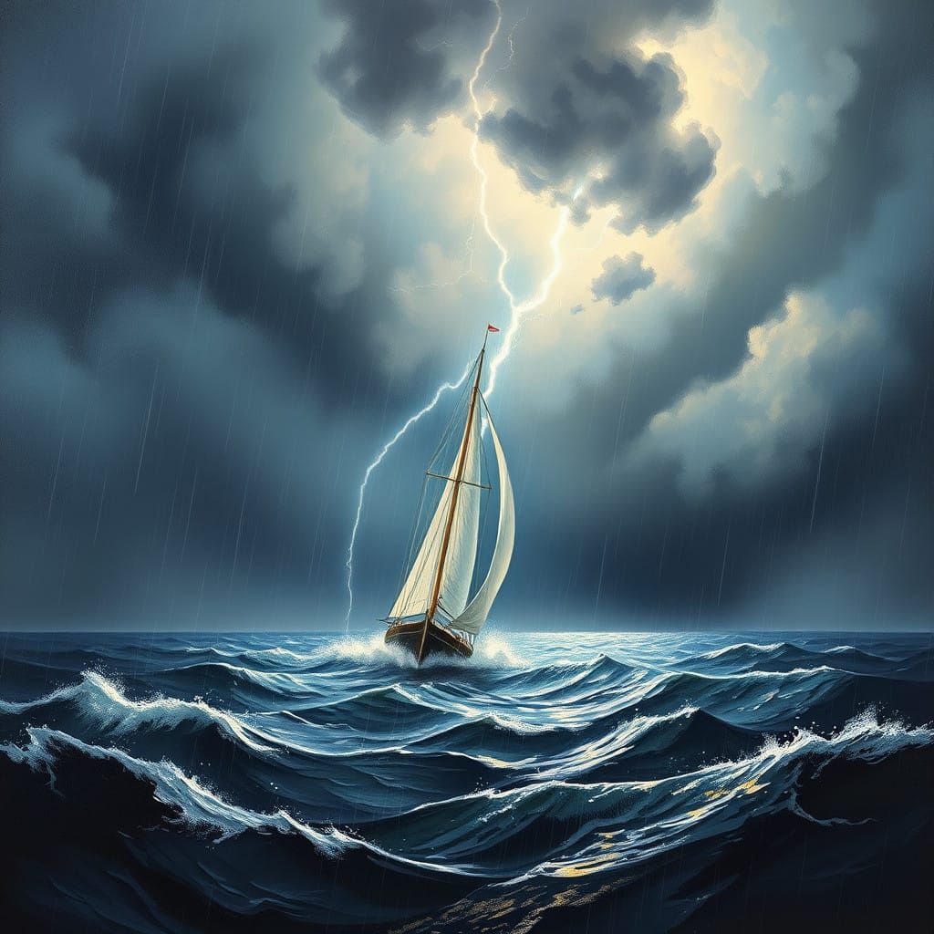 Dramatic Sailboat Lightning Strike in a Turbulent Seascape