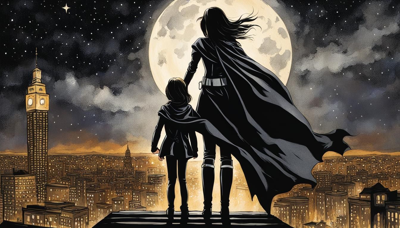 Superheroine and Daughter: Impressionist Ink Portrait