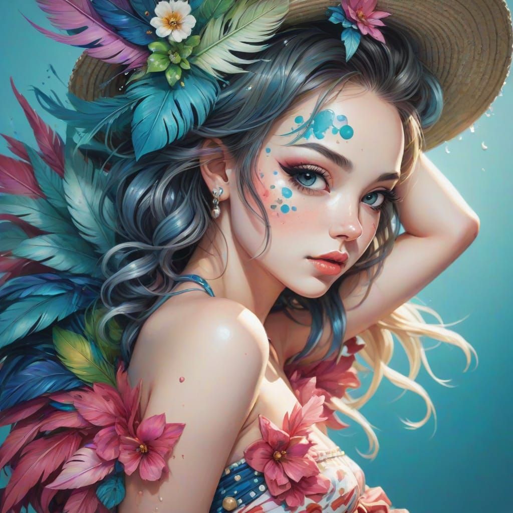 Chibi-Style Watercolor Portrait of a Young Woman in a Colorf...