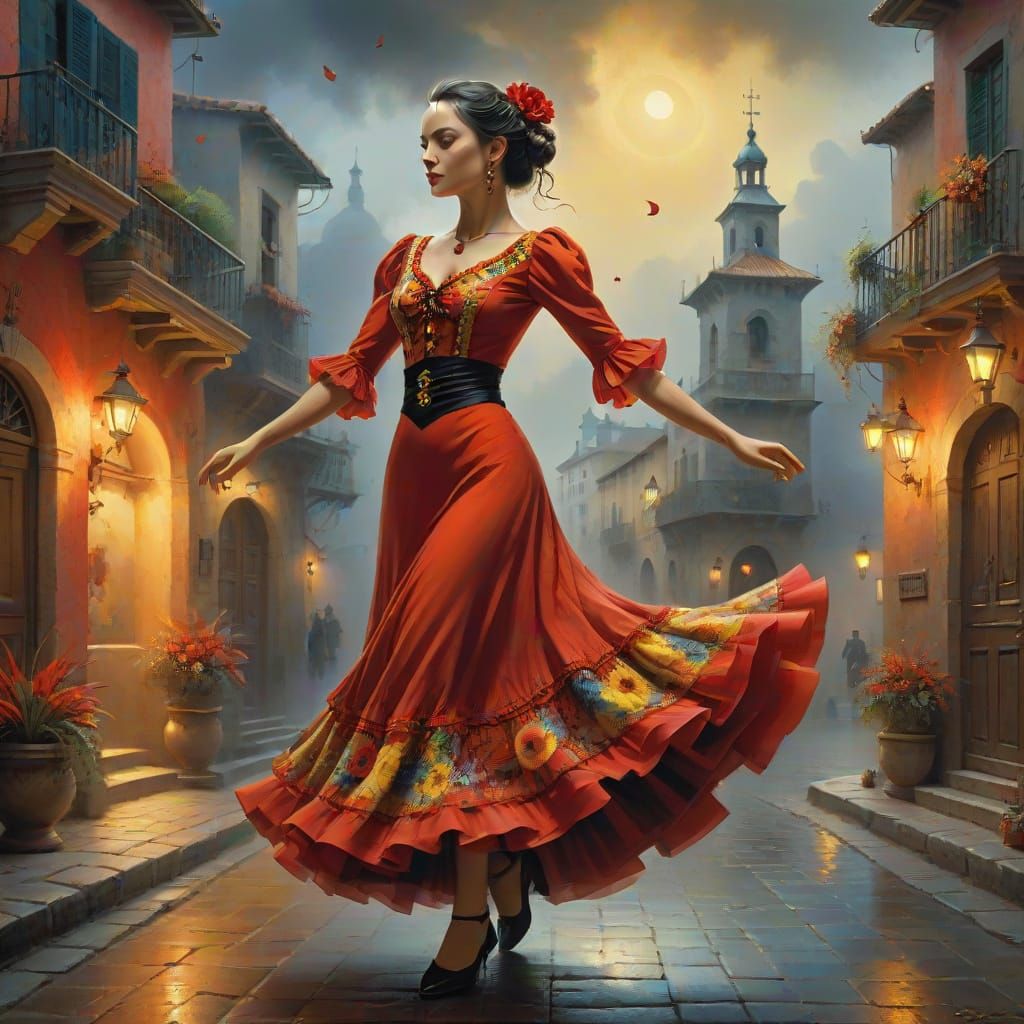 Flamenco Dancer in Red Dress with Impasto Brushstrokes