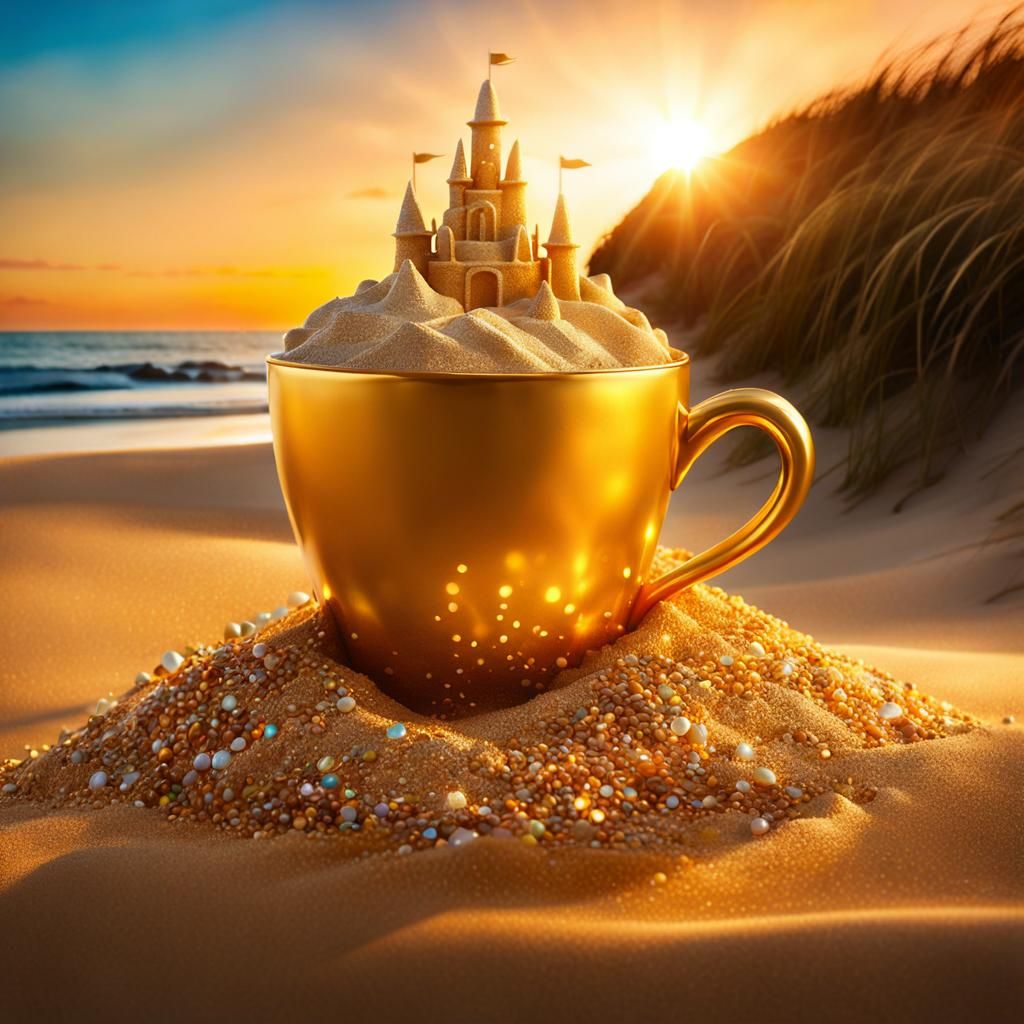 Golden Coffee Sandcastle at Sunset: Splash Art