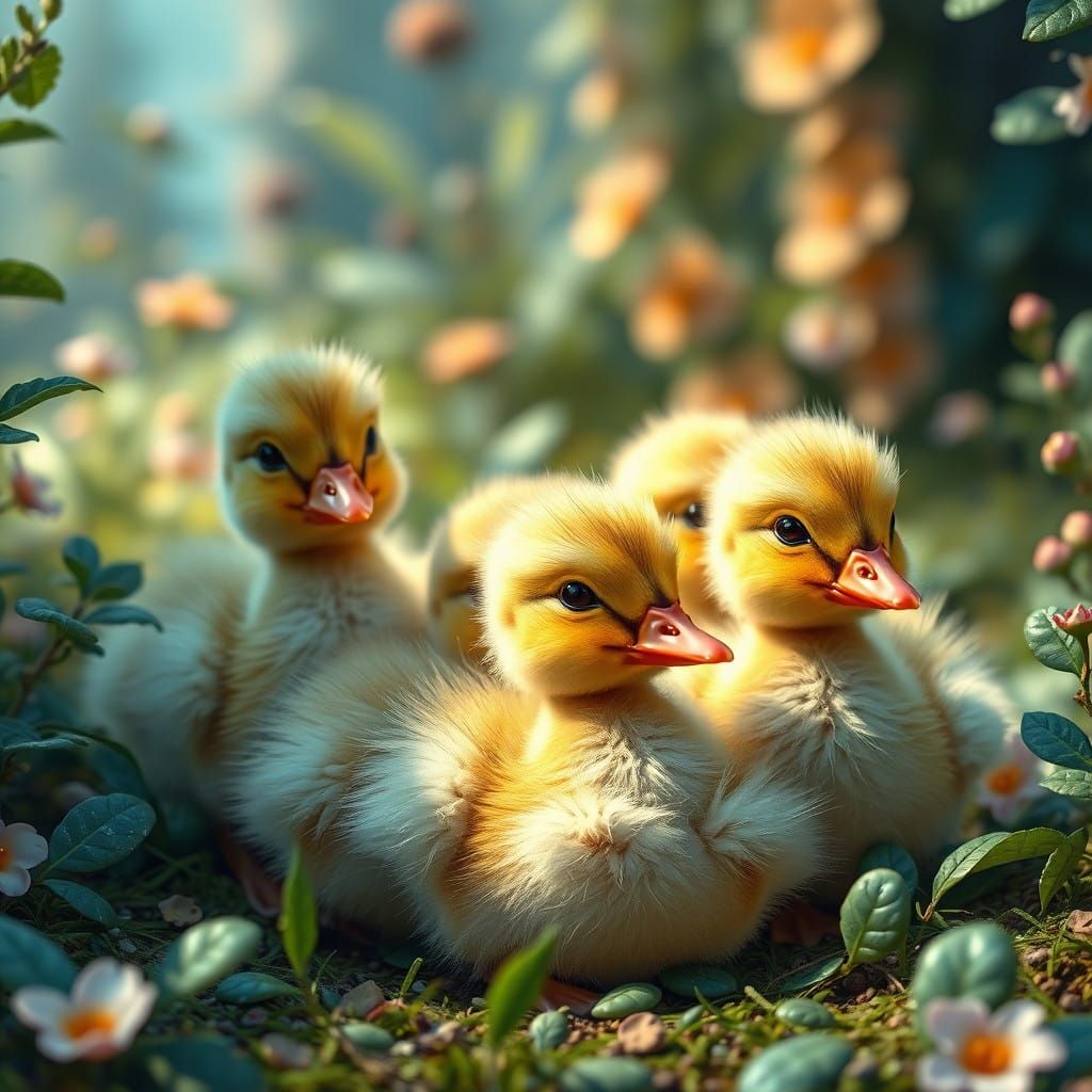 Whimsical Baby Duckling Duo in Vibrant Fantasy Landscapes