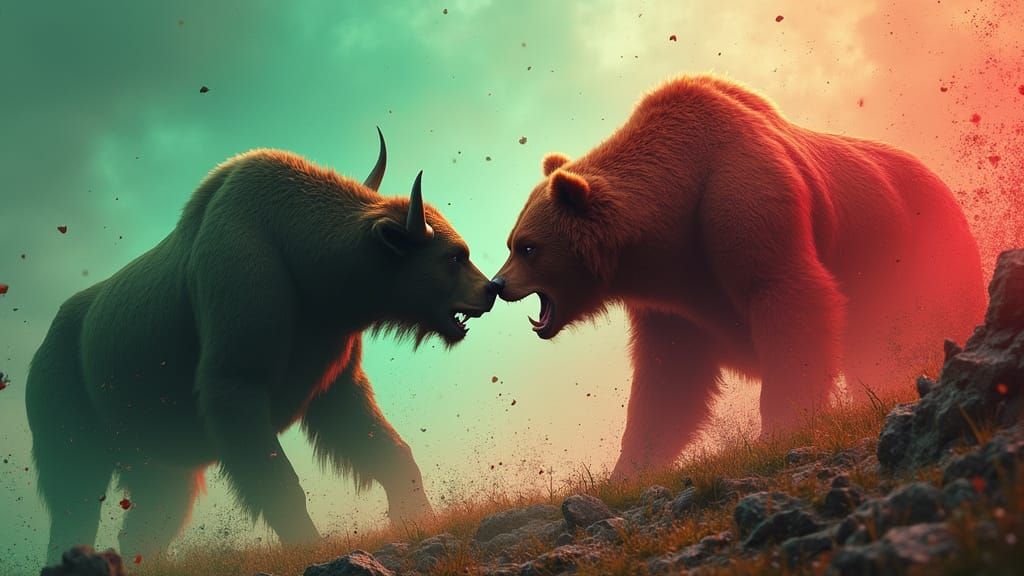 Epic Bull and Bear Battle Scene in Matte Painting Style