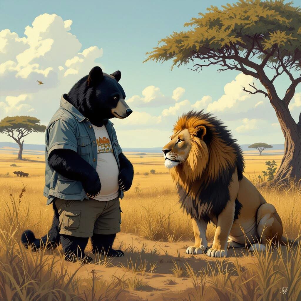 Realistic Bear and Lion Conversation in Savannah