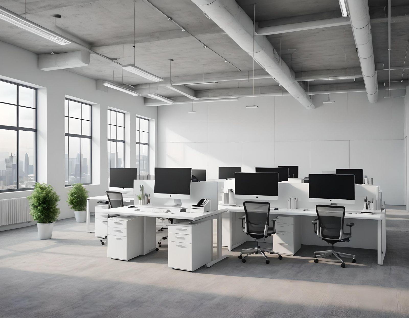 Industrial Office Corner with White Desks: 3D Render