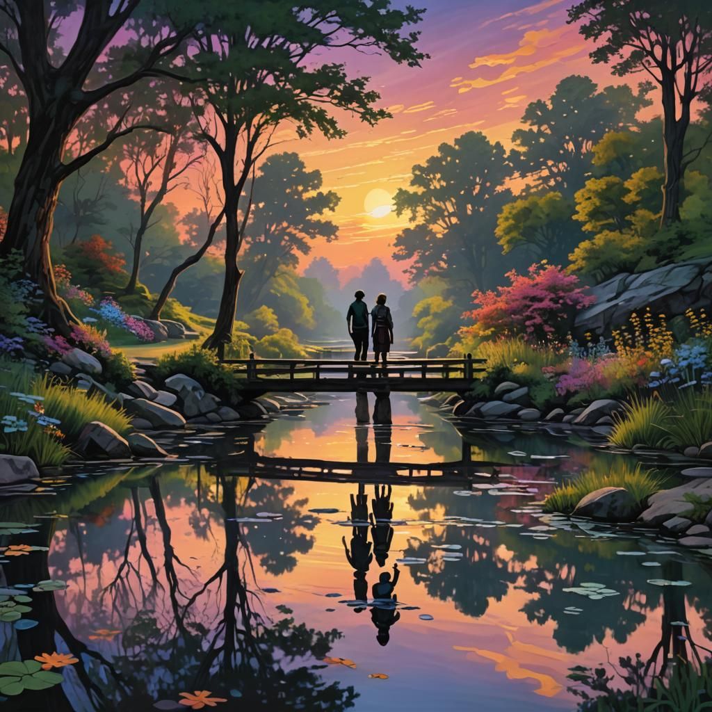 Romantic Sunset Stroll by a Peaceful Brook