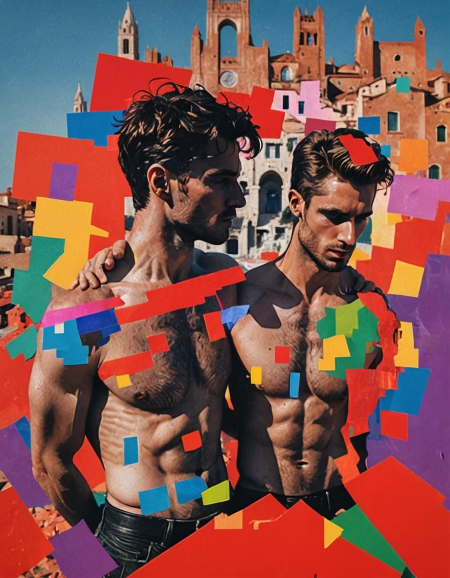 Gay Couple in Glitched Neofuturistic Roman Art