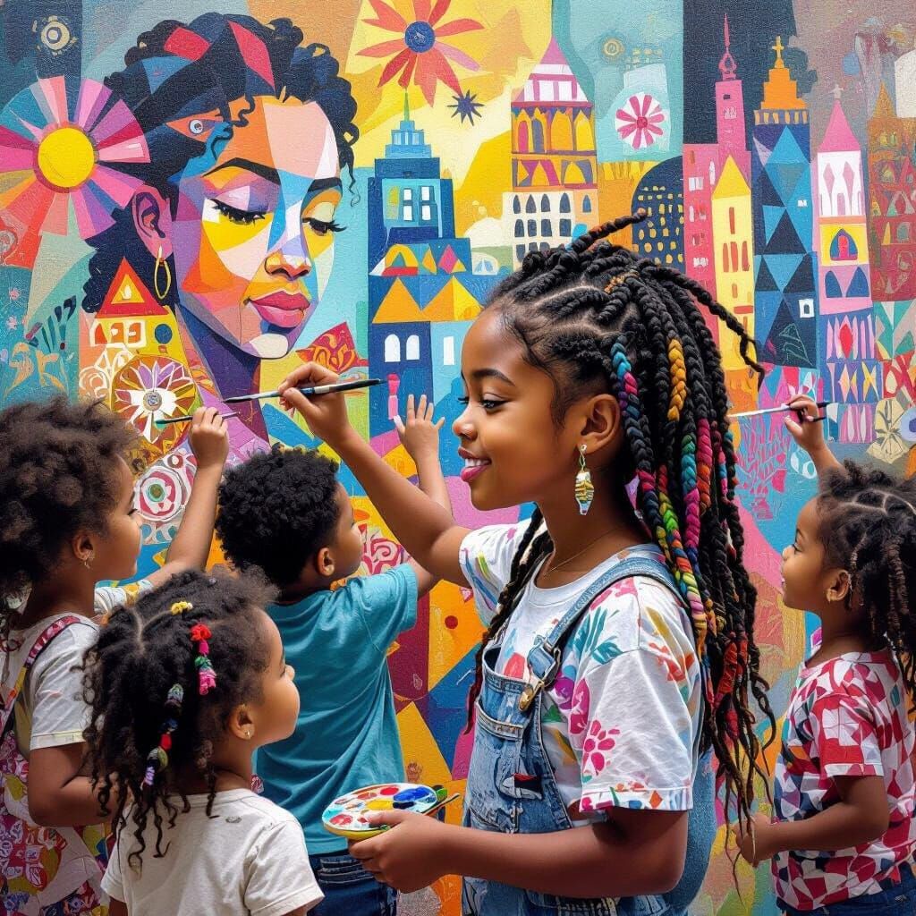 Children Painting a Mural with Geometric Shapes