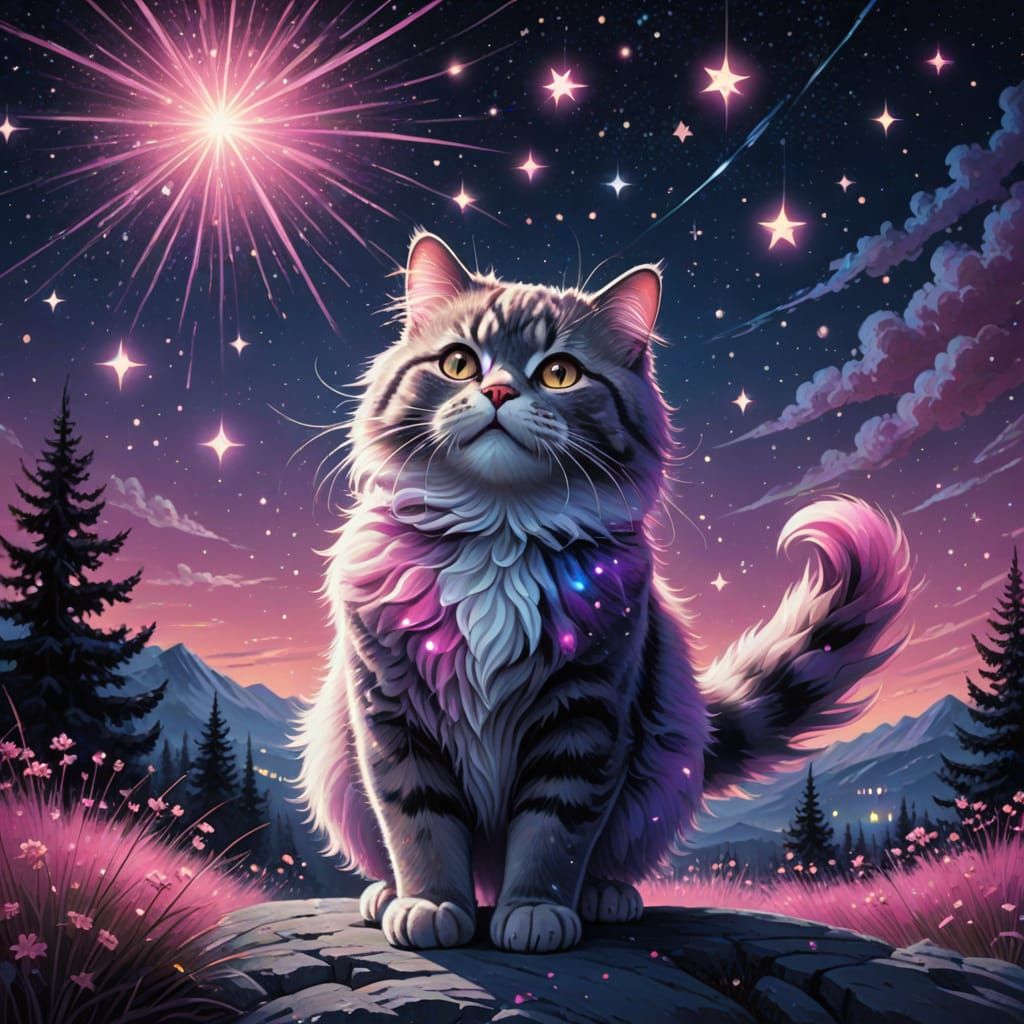 Fluffy Cat Chases Glowing Pink Star in Surreal Matte Paintin...