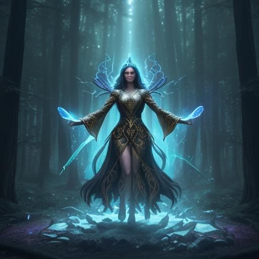 Sorceress in Mystical Forest with Glowing Runes