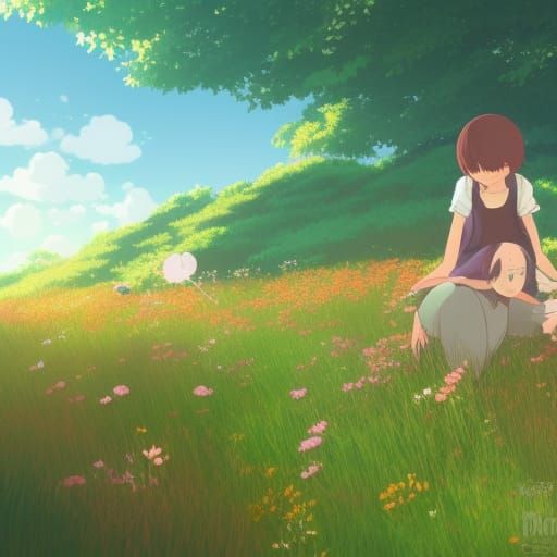 Anime Flower Meadow with Bunnies in Ghibli Style