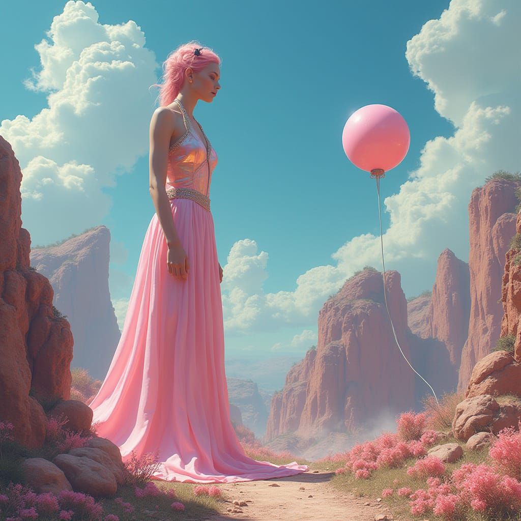 Fantastical Female Giant in Whimsical Dreamscapes