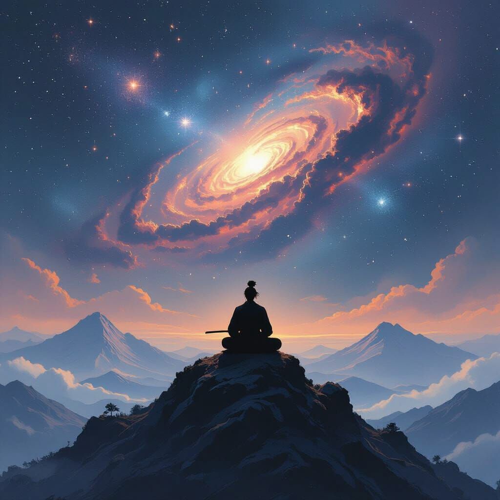 Samurai Silhouette Against Cosmic Nebula, Painterly Style