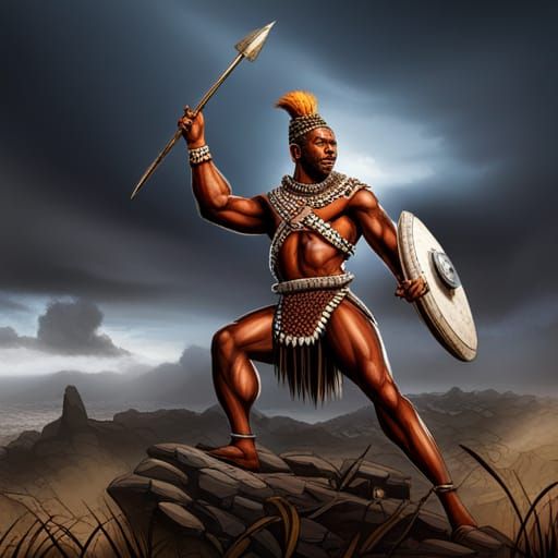 Furious Shaka Zulu Warrior on Hilltop
