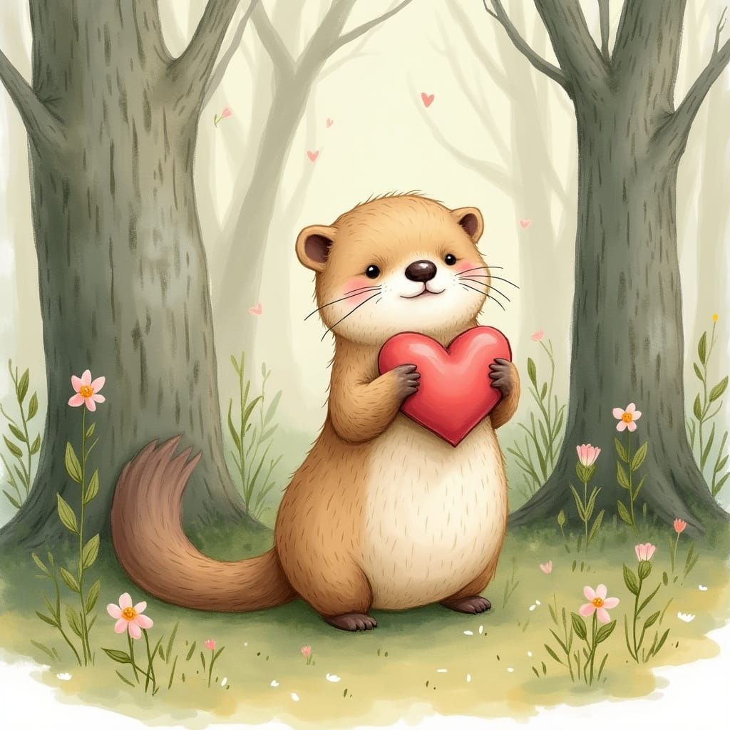 Whimsical Otter Holding Heart in Cozy Forest