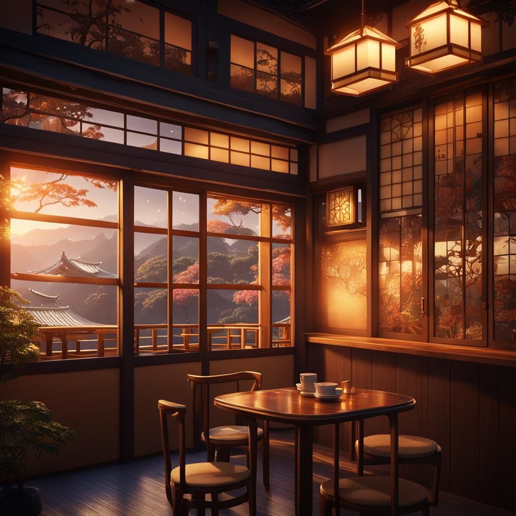 Cozy Golden Hour at Japanese Cafe: Matte Painting