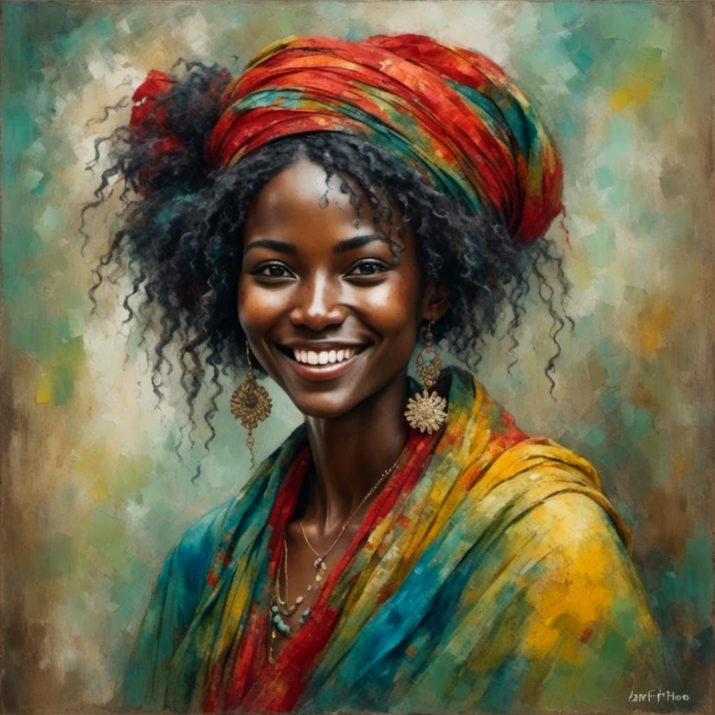 Smiling Woman with Fan and Head Wrap Portrait