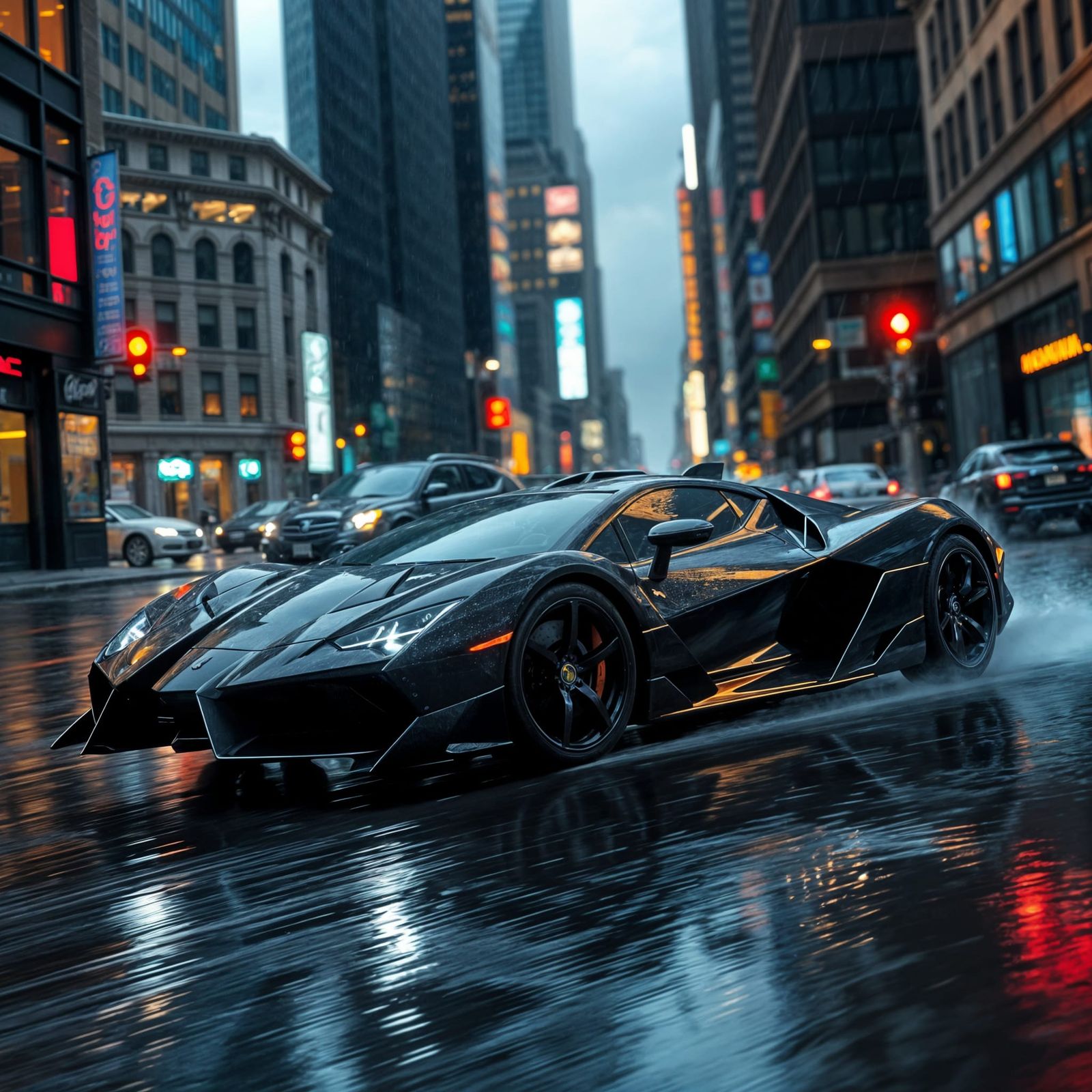 Futuristic Batmobile Races Through Rainy New York City