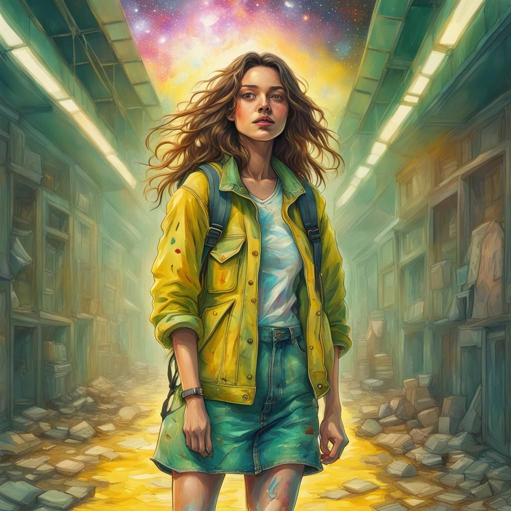 Holographic Astral Illustration of Woman in Denim Jacket