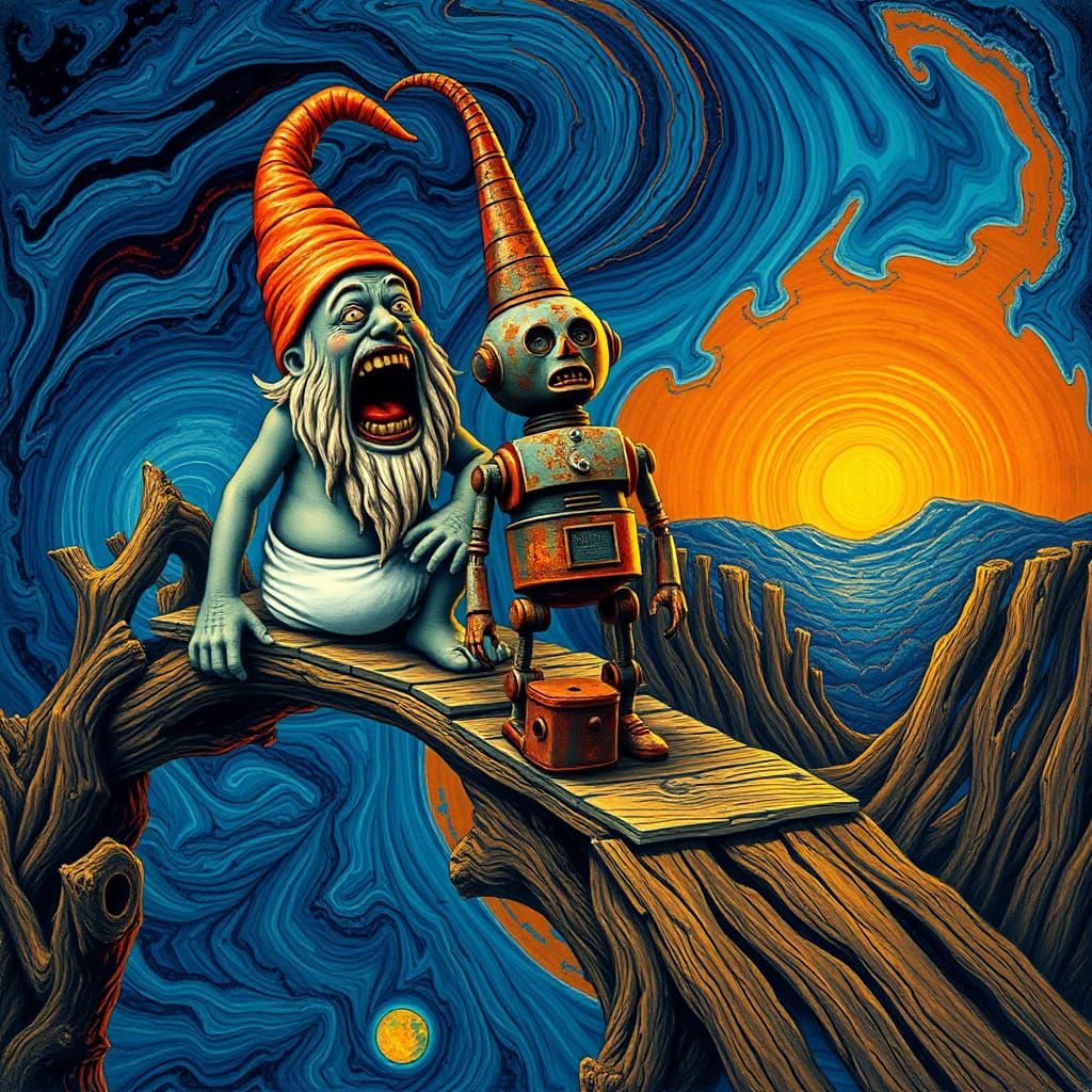 Screaming Gnome on Bridge in Maximalist Style