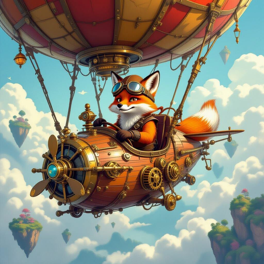 Steampunk Fox Pilots Airship Through Floating Islands