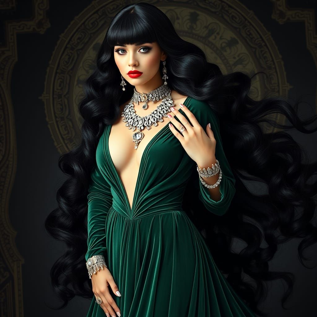 Glamorous Woman in Green Gown, Art Nouveau Style
