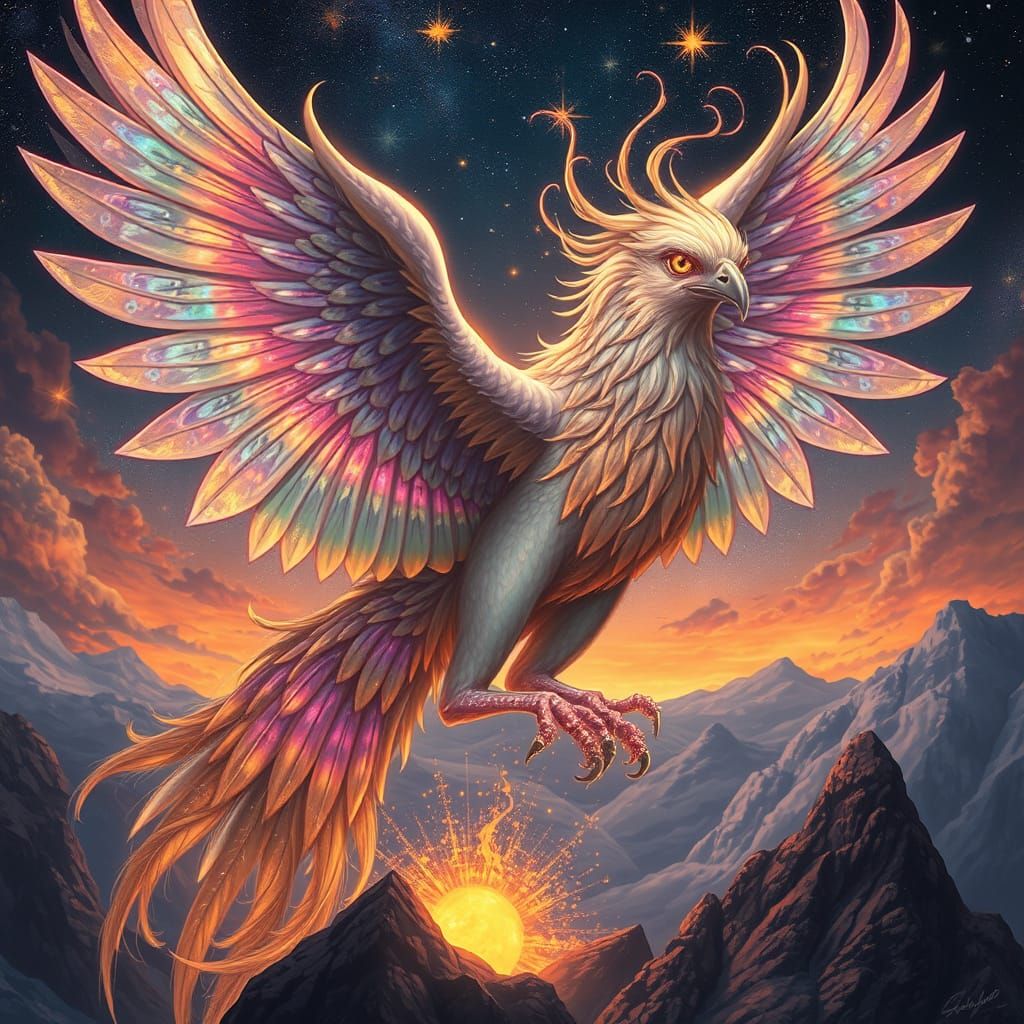 Celestial Phoenix Rising: Art Nouveau Digital Painting