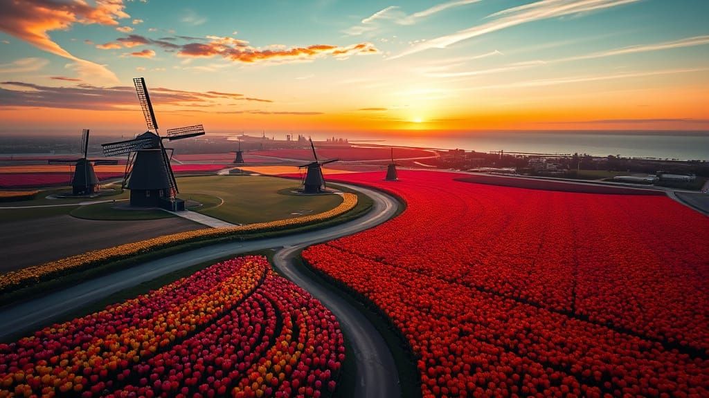 Impressionist Netherlands at Crescent Night with Windmills a...