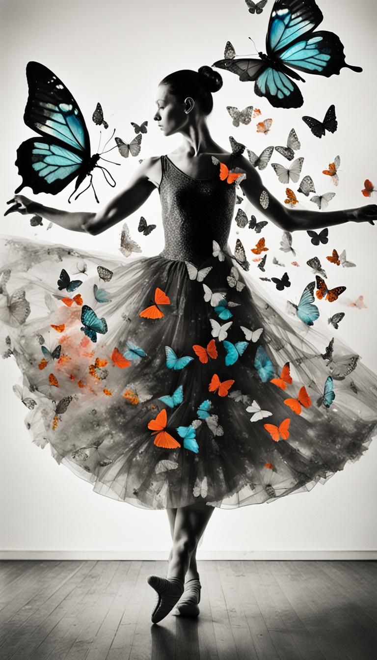 Ballerina in Double Exposure with Color Butterflies