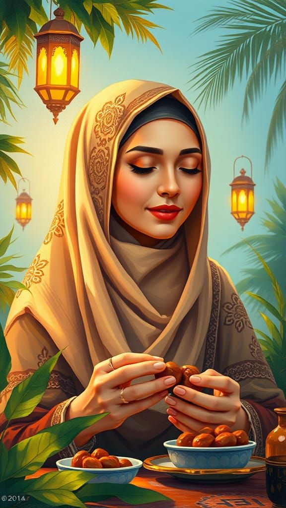 Serene Muslim Woman in Golden Light, Breaking Fast in Ramada...