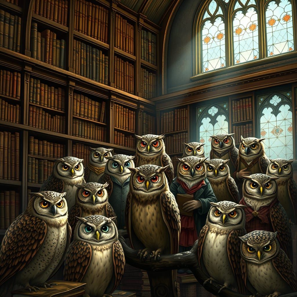 Victorian Owls in Grand Library, Inspired by Rackham and Fro...