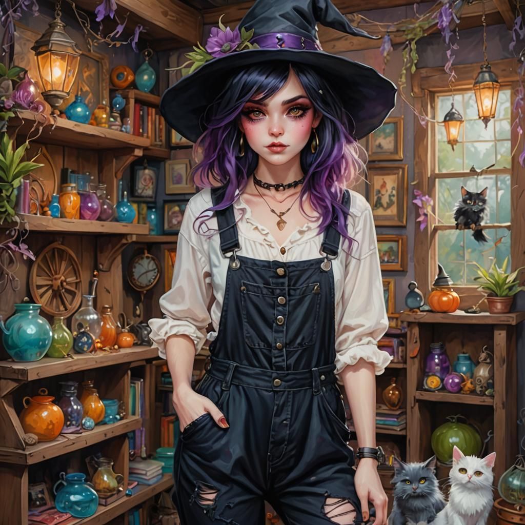 Adorable Punk Witch in a Magical Shop