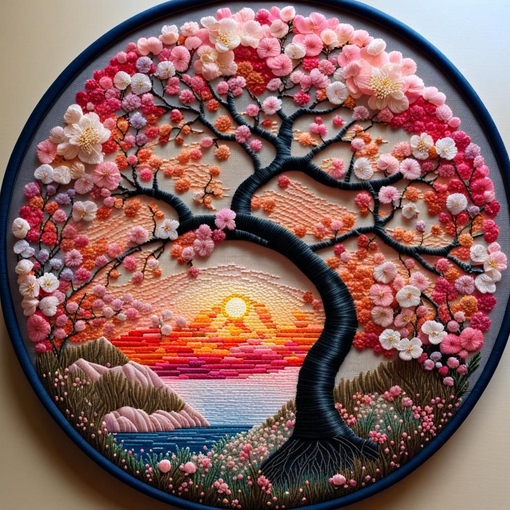Fairytale Landscape Embroidery Art with Cherry Blossoms