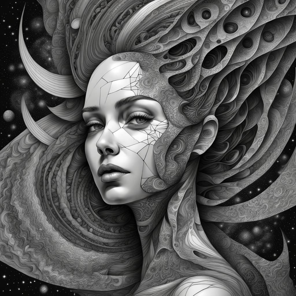 Fragmented Woman Head in Space with Aliens