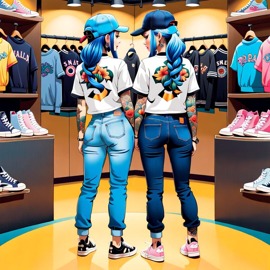 Cartoon Women with Tattoos Stand Close Together