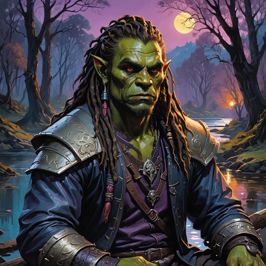 Orc Contemplating by River in Oil Painting Style