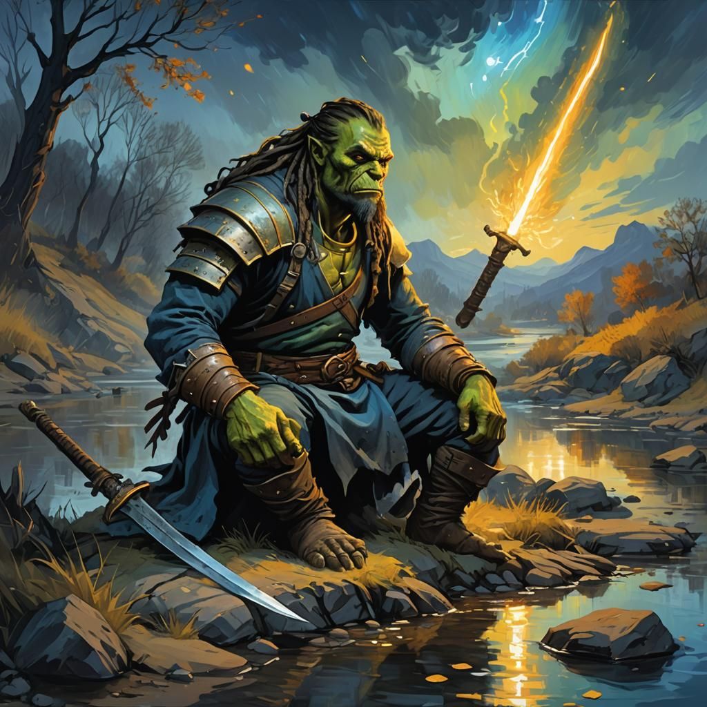 Orc Contemplation: Van Gogh Inspired Fantasy Art