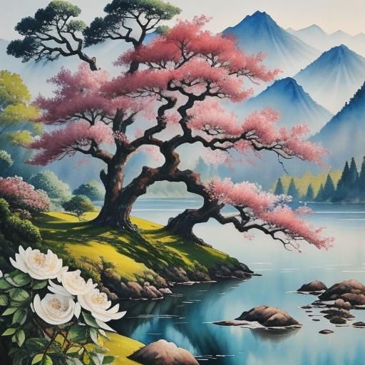 Watercolor Tree with Mythical Floral Hills