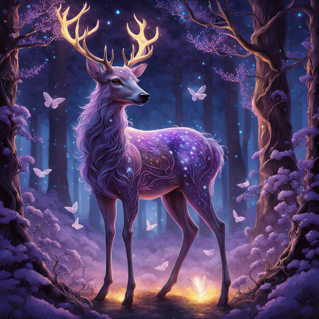 Maiden and Majestic Deer in Enchanted Twilight Forest