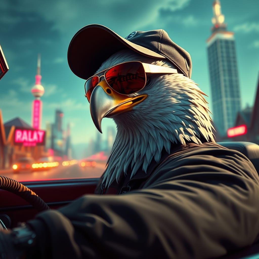 Eagle Drives Convertible in Cinematic Digital Painting