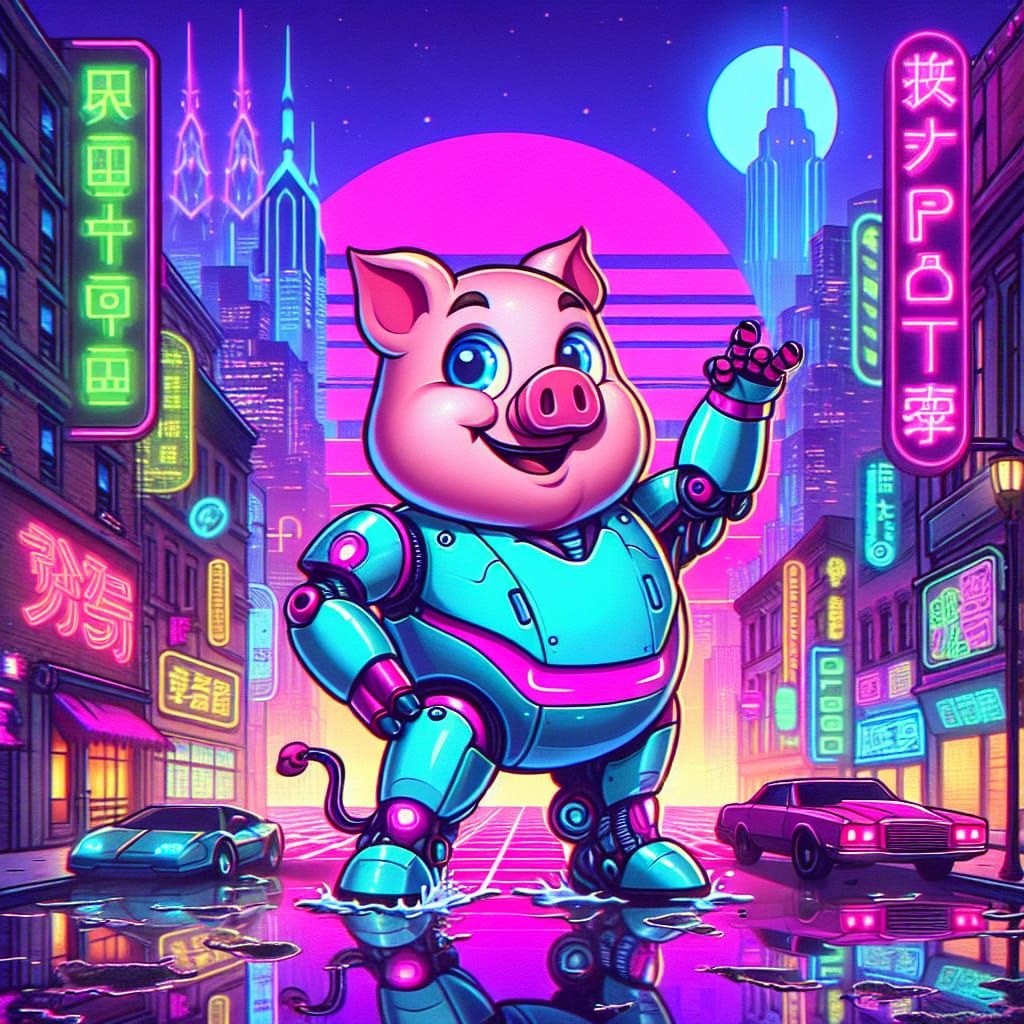 Synthwave Pig-Cat Fusion in Cyberpunk Cityscape