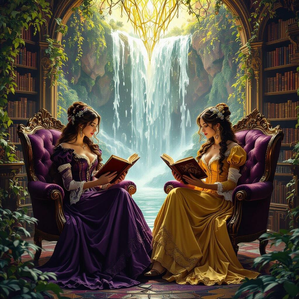 Enchanted Library Waterfall Scene in Victorian Style