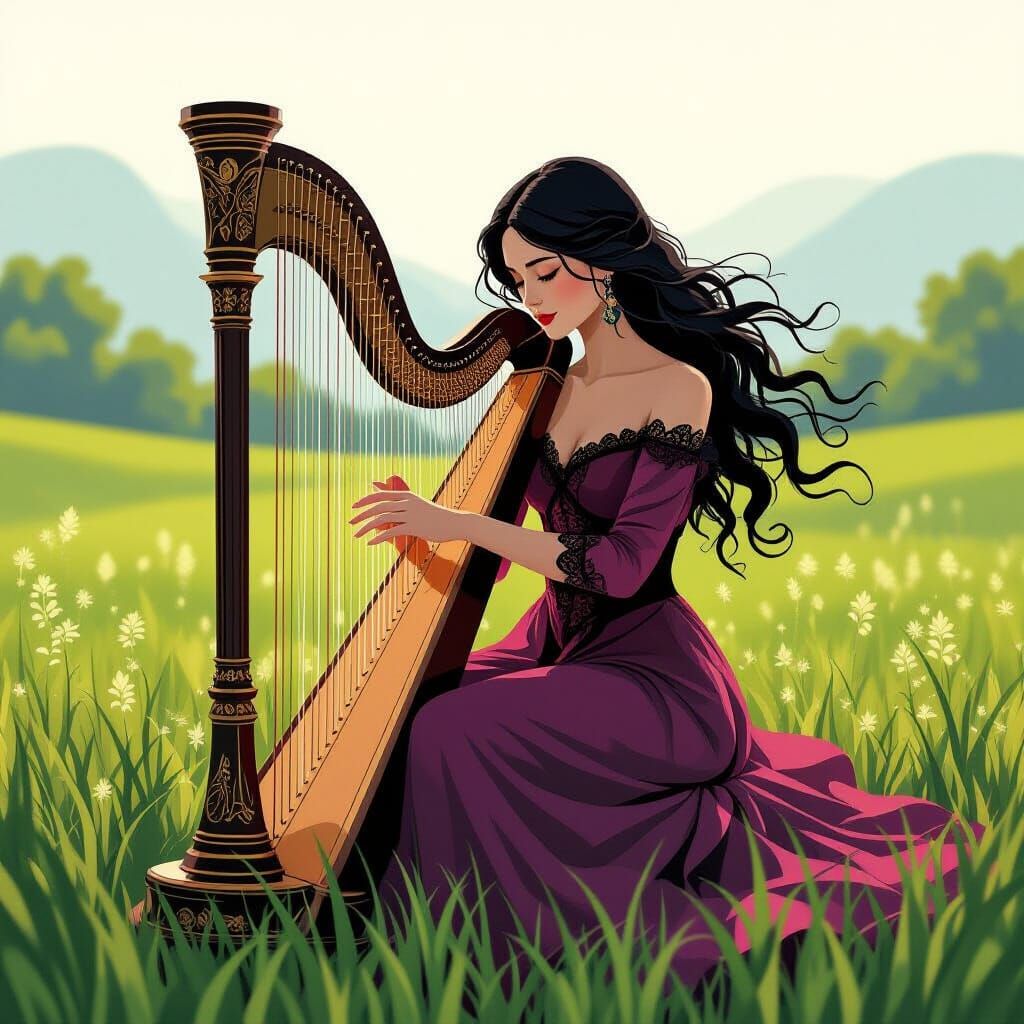 Lady Playing Celtic Harp in Green Field
