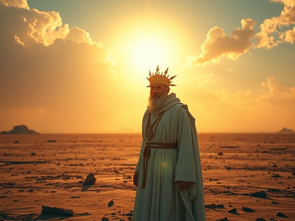 Mystic Figure in Surreal Landscape with Celestial Clouds