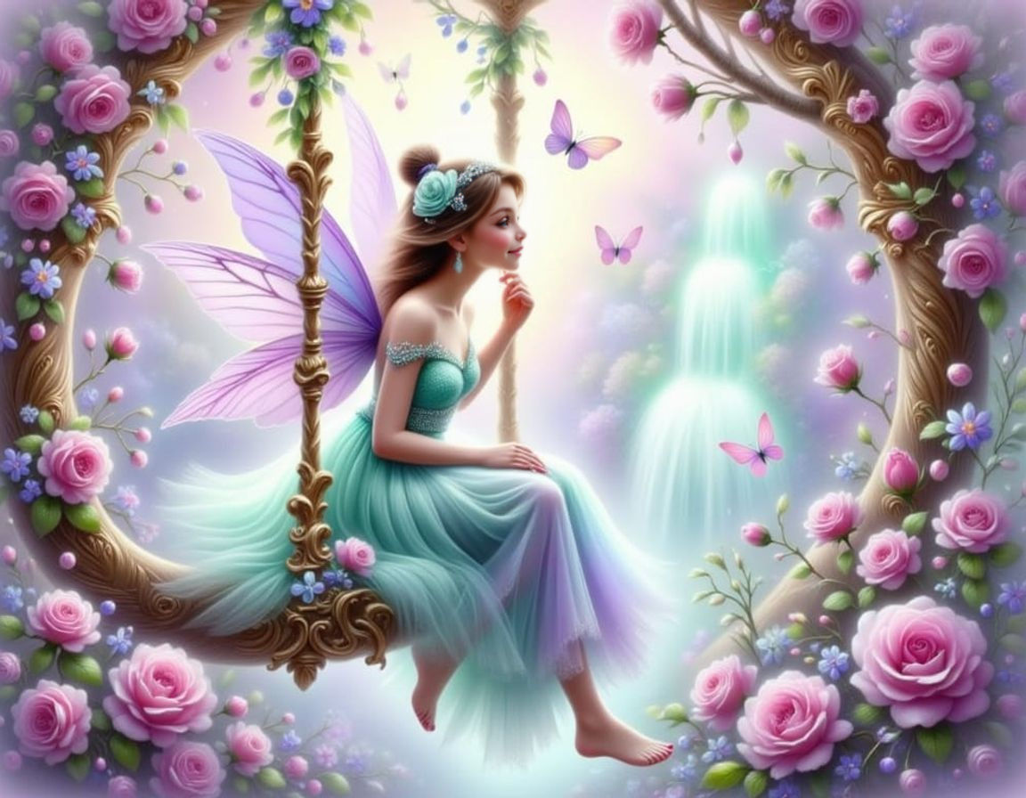 Dreamy Pastel Fairy in Whimsical Rose Garden Swing
