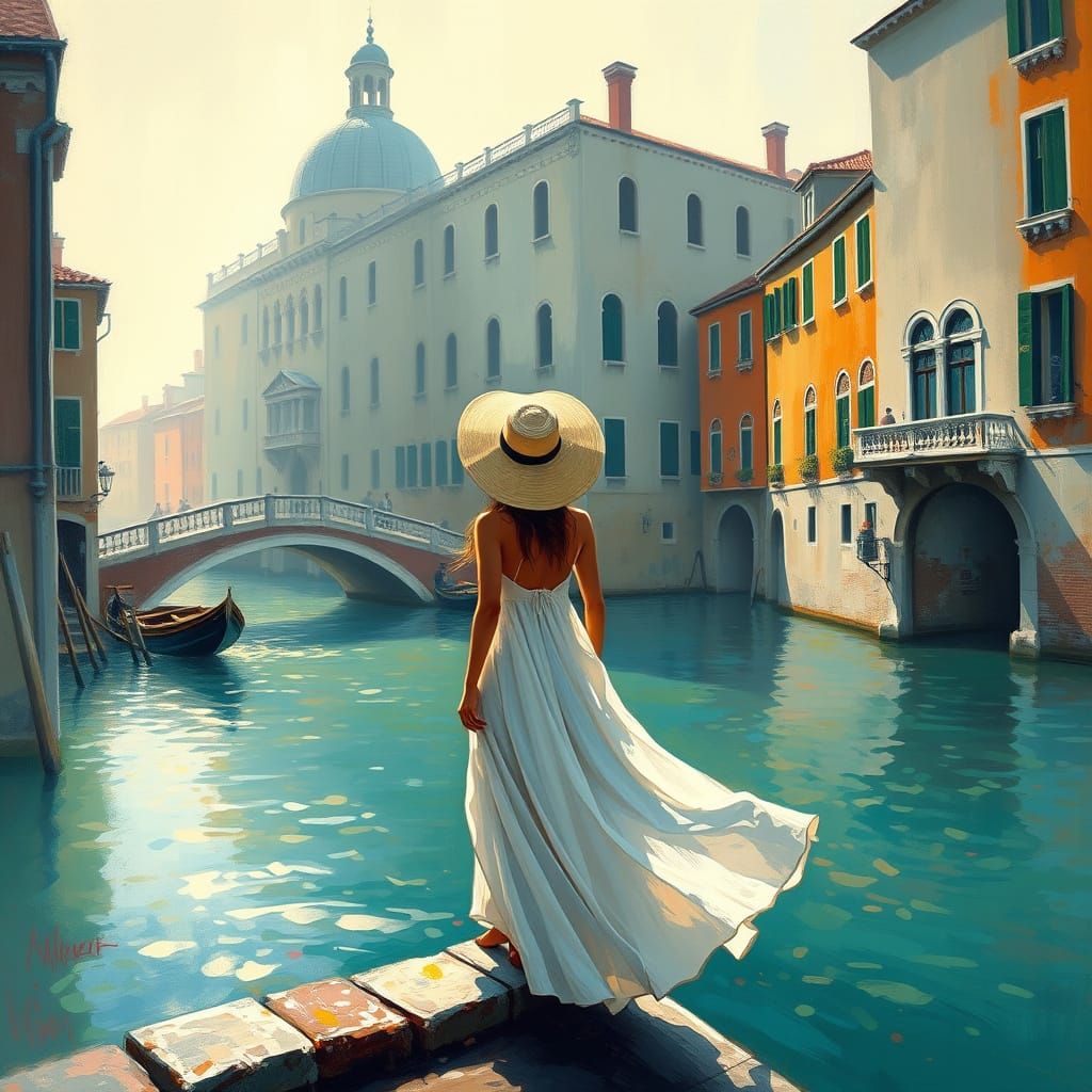 A Serene Woman Stands at the Edge of a Tranquil Venetian Can...
